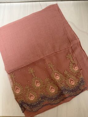 Brand New Embellished Rose Pink Scarf with Gold Embroidery